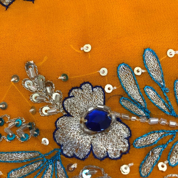 Tangerine possibly georgette Saree Fabric with beautiful minakari embroidery - Picture 12 of 16